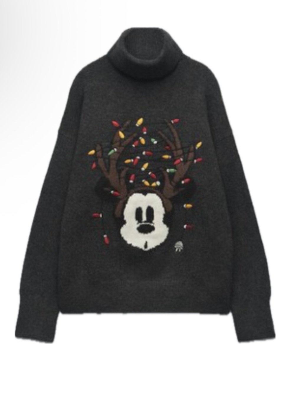 Zara Dark Charcoal Holiday Turtleneck Sweater with Mickey Reindeer Motif Medium